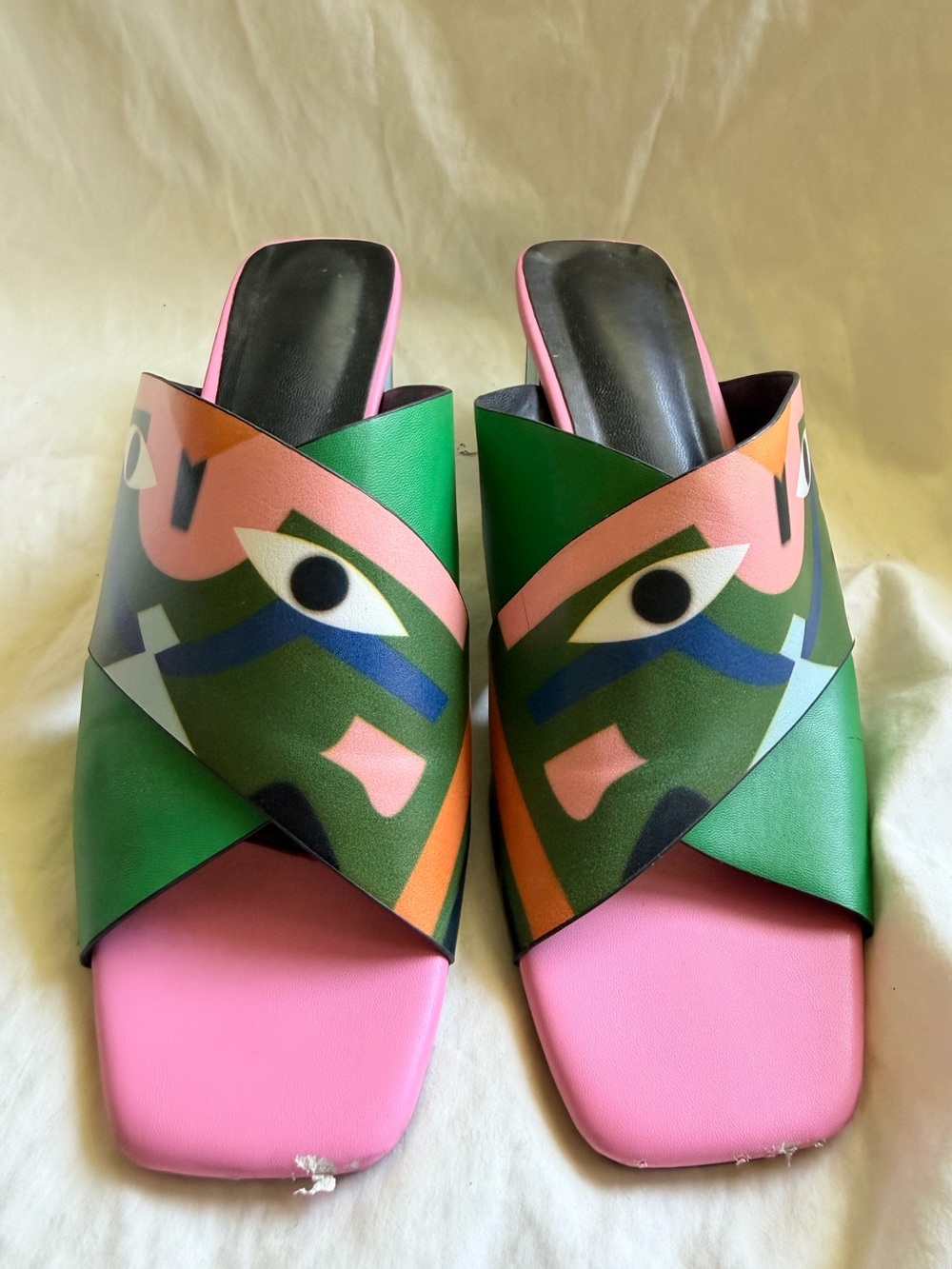 Women's Green & Pink Slide Sandals with Abstract Print